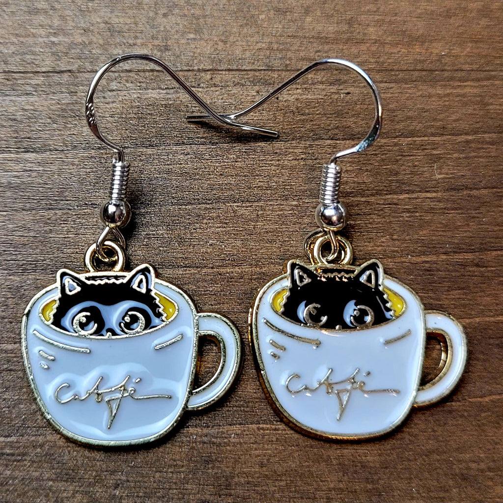 Sneaky Kitty in Coffee Cup Earrings