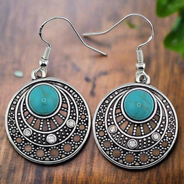 Antique Silvery Round, Imitation Turquoise Earrings