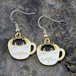 Sneaky Kitty in Coffee Cup Earrings