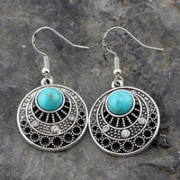 Antique Silvery Round, Imitation Turquoise Earrings