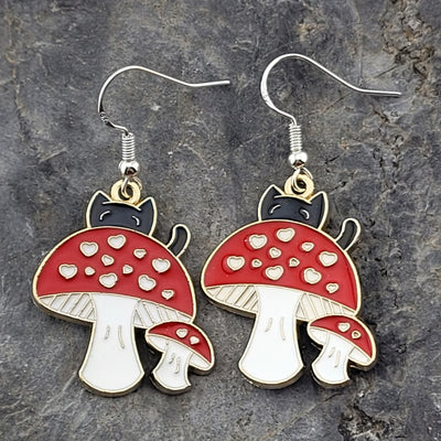 Sneaky Cat on Mushroom Earrings