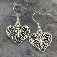 Silver Filagree Butterfly Heart Earrings Stud - Clip On - Ear Wire
