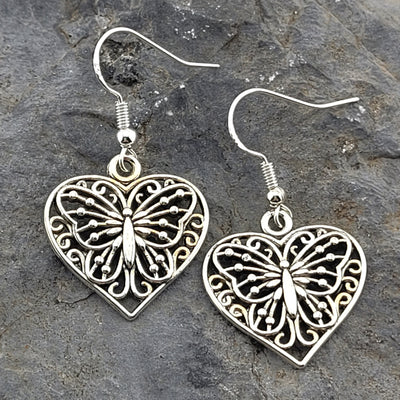 Silver Filagree Butterfly Heart Earrings