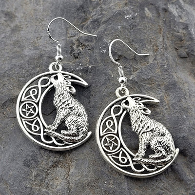 Silver Wolf in Filagree Moon Earrings