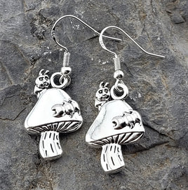 Silver Caterpillar on Mushroom Earrings
