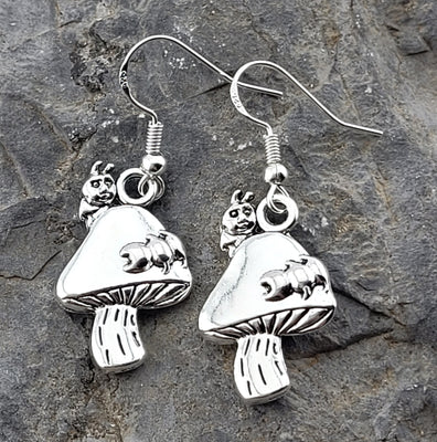 Silver Caterpillar on Mushroom Earrings