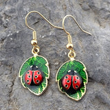 Gold Plated Ladybug on Leaf Earrings