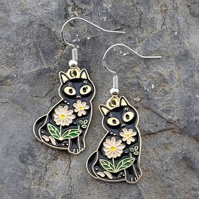 Black Cat with Flowers Earrings