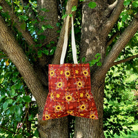 Burgundy Plaid Sunflowers Tote Bag