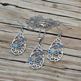 Blue Dragonflies Earrings & Necklace