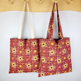 Burgundy Plaid Sunflowers Tote Bag