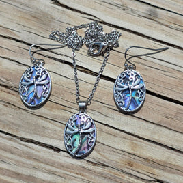 Dragonfly Filigree & Faux Shell Earrings & Necklace