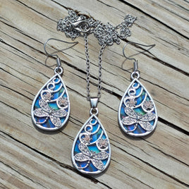 Dragonfly, Flowers & Faux Shell Earrings & Necklace
