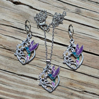 Hummingbird & Flower Earrings & Necklace