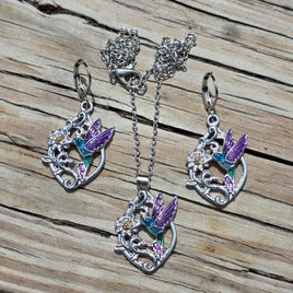 Hummingbird & Flower Earrings & Necklace