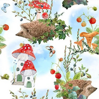 Cherry Pit Crafts animal pattern heating pad with hedgehogs, mushrooms, strawberries, and butterflies on a blue sky background.