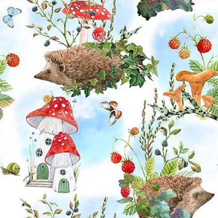 Cherry Pit Crafts animal pattern heating pad with hedgehogs, mushrooms, strawberries, and butterflies on a blue sky background.