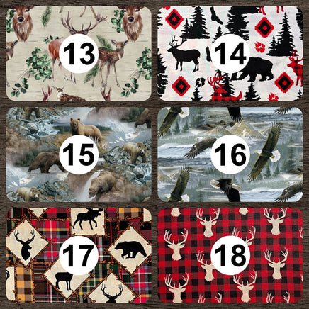Cherry Pit Crafts microwaveable heating pad with animal patterns: deer, bears, moose, and eagles. 100% cotton.