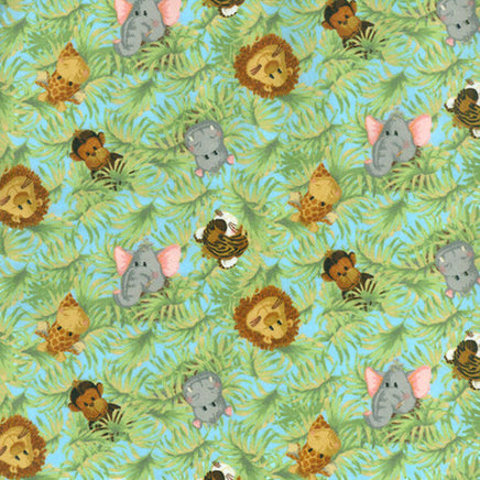 Cherry Pit Crafts microwaveable heating pad fabric with cartoon jungle animals and palm leaves on a blue background.