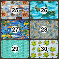 Cherry Pit Crafts microwaveable heating pad fabric swatches: seashells, sea turtles, tropical fish, baby turtles, frogs, and lily pads.