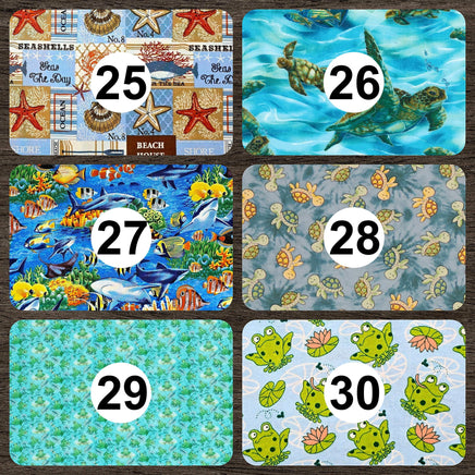 Cherry Pit Crafts microwaveable heating pad fabric swatches: seashells, sea turtles, tropical fish, baby turtles, frogs, and lily pads.