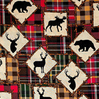 Cherry Pit Crafts microwaveable heating pad fabric with animal silhouettes on plaid squares. Features bears, deer, and moose.
