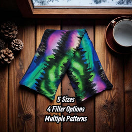 Cherry Pit Crafts microwaveable heating pad with aurora borealis and pine tree pattern, 100% cotton