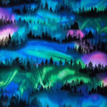 Cherry Pit Crafts microwaveable heating pad with a Great Outdoors pattern featuring a forest silhouette under the aurora borealis in blue, green, and purple.