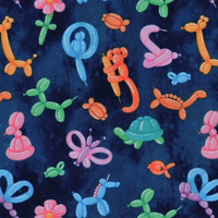 Cherry Pit Crafts navy blue fabric with colorful balloon animals including dogs, giraffes, butterflies, and turtles.