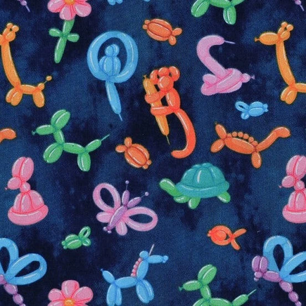Cherry Pit Crafts navy blue fabric with colorful balloon animals including dogs, giraffes, butterflies, and turtles.
