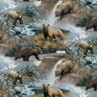 Cherry Pit Crafts brown bear pattern on a 100% cotton heating pad with waterfall and mountain scenery.