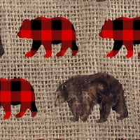 Cherry Pit Crafts heating pad with buffalo plaid bear pattern and realistic bear graphic on burlap texture.