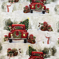 Cherry Pit Crafts vintage cars, trains, and planes Christmas fabric pattern with snowmen and dogs.