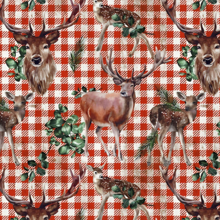 Cherry Pit Crafts microwaveable heating pad with deer and foliage on red gingham pattern. 100% cotton.