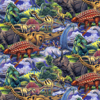 Cherry Pit Crafts animal pattern heating pad with various dinosaurs, lush greenery, and a cloudy sky.