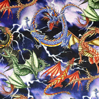 Cherry Pit Crafts fabric with a vibrant dragon pattern on a stormy, lightning-filled background. Features blue, red, and green dragons.
