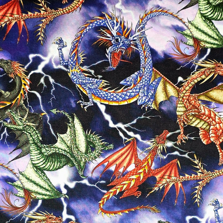 Cherry Pit Crafts fabric with a vibrant dragon pattern on a stormy, lightning-filled background. Features blue, red, and green dragons.