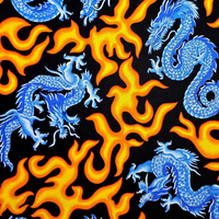 Cherry Pit Crafts blue dragons and orange flames on black cotton fabric. Animal pattern heating pad.