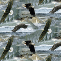 Cherry Pit Crafts animal pattern heating pad fabric with eagles flying over a misty mountain landscape and river.