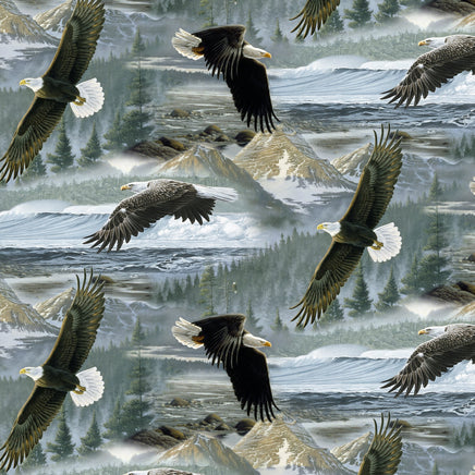 Cherry Pit Crafts animal pattern heating pad fabric with eagles flying over a misty mountain landscape and river.