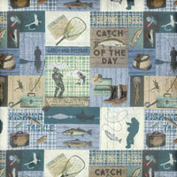 Cherry Pit Crafts fishing-themed 100% cotton fabric with fishing scenes, lures, boots, and text like "Catch of the Day".