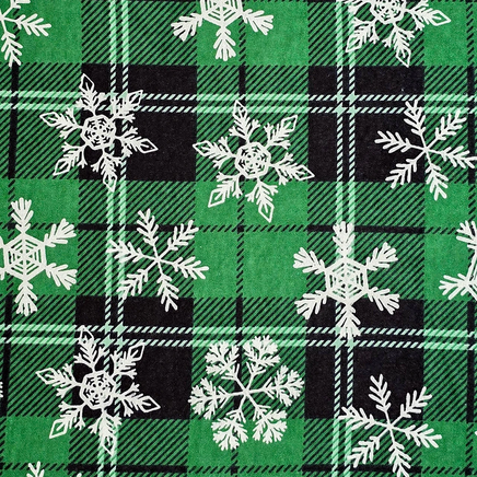 Cherry Pit Crafts green and black plaid flannel heating pad with white snowflakes. 100% cotton.