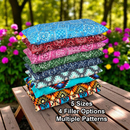 Cherry Pit Crafts microwaveable heating pads in bandana and Southwestern patterns. Cotton outer shell, 5 sizes, 4 filler options.