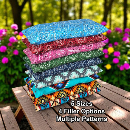Cherry Pit Crafts microwaveable heating pads in bandana and Southwestern patterns. Cotton outer shell, 5 sizes, 4 filler options.