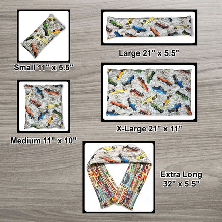 Cherry Pit Crafts microwaveable heating pads in various sizes featuring a vintage car and map pattern. 100% cotton.