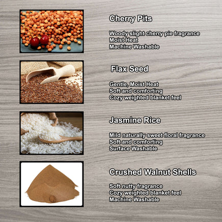 Cherry Pit Crafts microwaveable heating pad fillers: cherry pits, flax seed, jasmine rice, and crushed walnut shells.