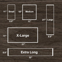 Cherry Pit Crafts heating pad size guide: Small 11x5.5", Medium 11x10", Large 21x5.5", X-Large 21x11", Extra Long 32x5.5".