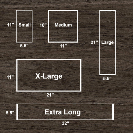 Cherry Pit Crafts microwaveable heating pad size guide showing Small, Medium, Large, X-Large, and Extra Long dimensions.