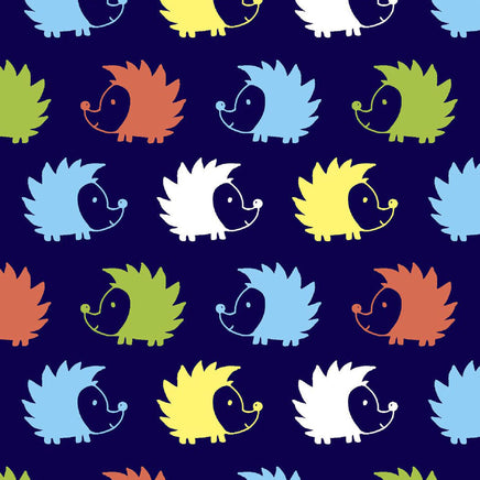 Cherry Pit Crafts microwaveable heating pad fabric with a repeating pattern of cute hedgehogs in blue, yellow, white, green, and orange on a navy background.