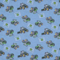 Cherry Pit Crafts blue cotton heating pad fabric with green John Deere tractors and logos.